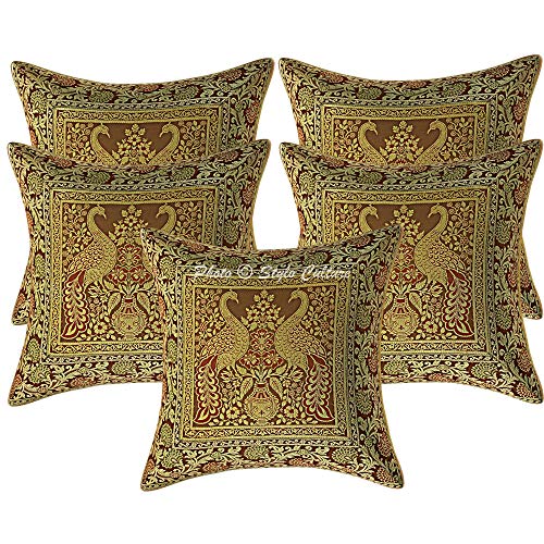 Image of Decorative Brocade Cushion Covers 16x16 Inch Banarasi Jacquard Weave Coffee Brown & Gold Living Room Peacock Traditional Square 40x40 cm Zippered Sofa Settee Pillowcases -Set of 5 Pcs