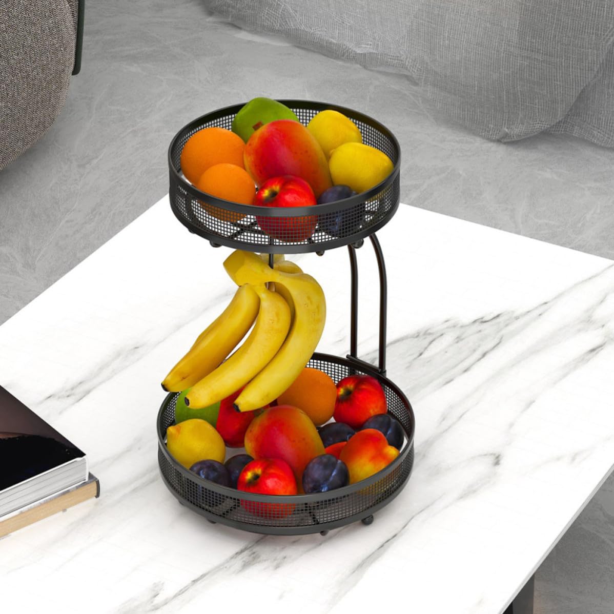 Obstkorb Obstorganisator 2 stöckiger aus Eisen Schwarzer mit Bananenhalter Großer Kapazität für und Snacks für Desktop und Schlafzimmer