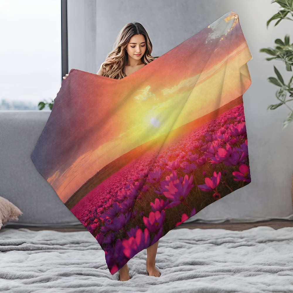 Couverture chaude flanelle grand plaid lit champ fleurs roses