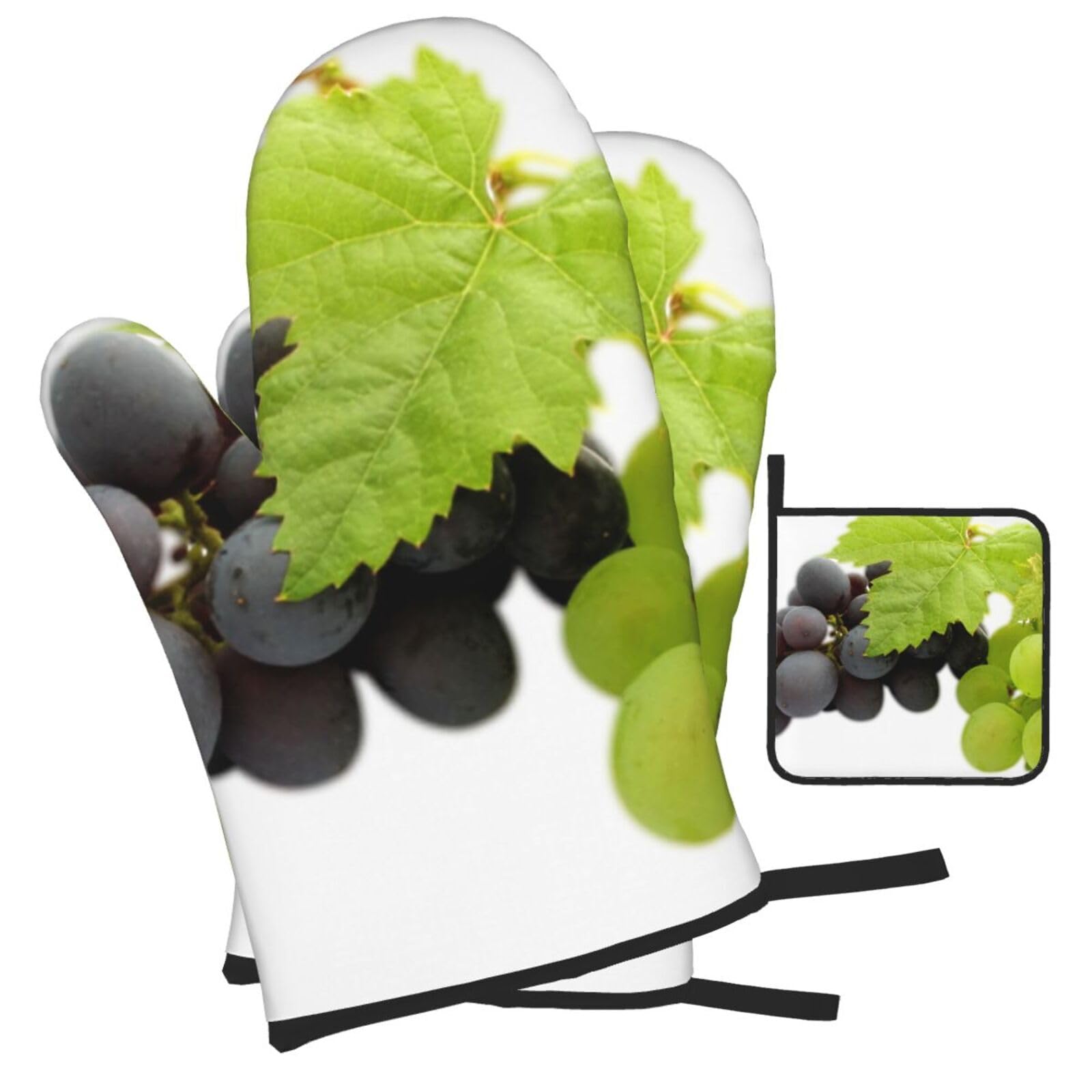 Grape Printed Oven Mitts and Pot Holders Heat Resistant Set of 3 Pcs, Modern Kitchen Gloves & Potholders for Cooking Baking Grilling