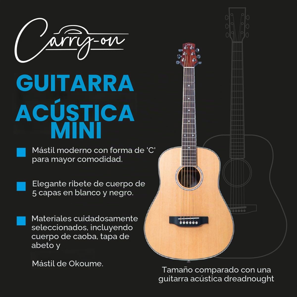 Carry-on Mini guitarra acústica, tamaño 3/4, viajes, educación, cuerda de acero, natural