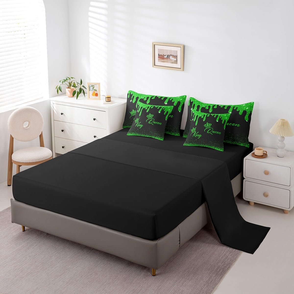 King and Queen 7 Pieces Bedding Set Queen Size,Crown Green Sequin Fluid Art Bed in a Bag for Kids Bedroom Decor,His and Hers Mr Mrs Comforter Set with Sheets,Pillow Covers