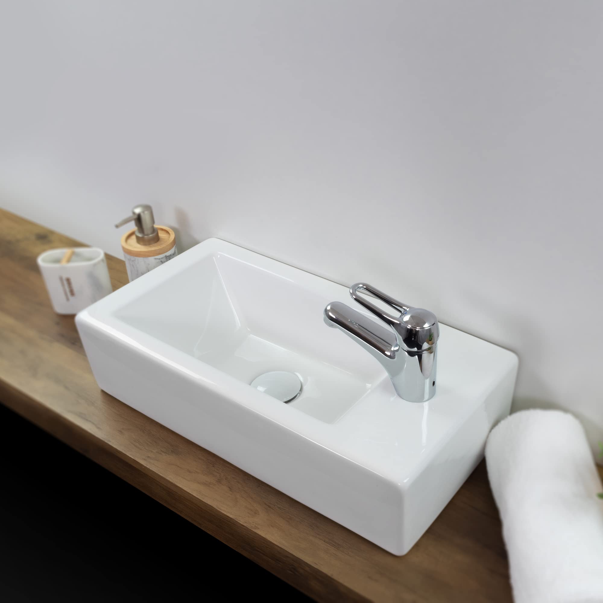 Lavabo sobre Encimera Rectangular en Ceramica Brillante VOMANO | 25x50x24 cm | Incluye Tapon "Pop Up" con Valvula de Desague Click Clack | Sin Taladro Grifo | Color Blanco