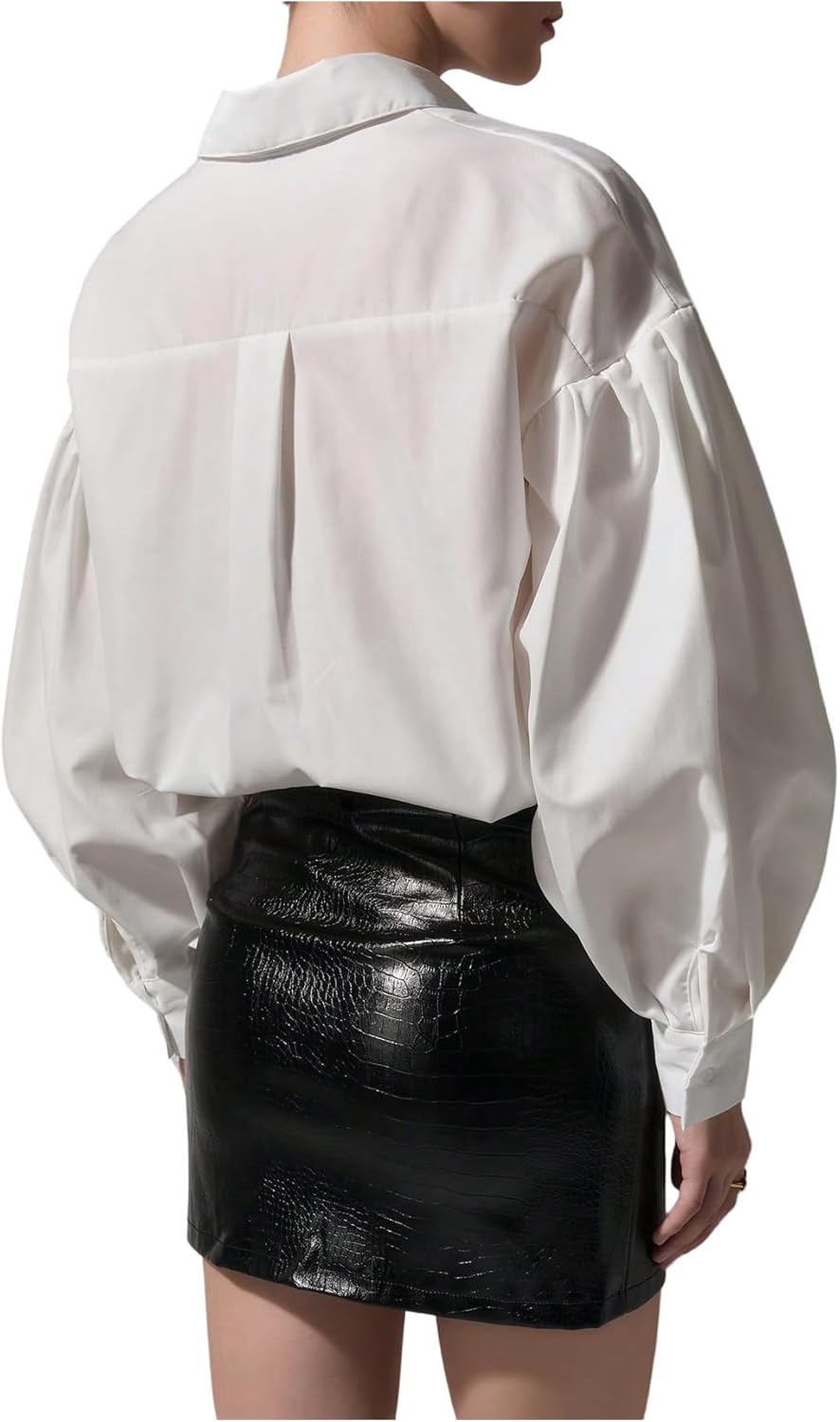 SweatyRocks Women's Button Down Shirts Long Bishop Wide Sleeve Drop Shoulder Office Blouses - Image 3