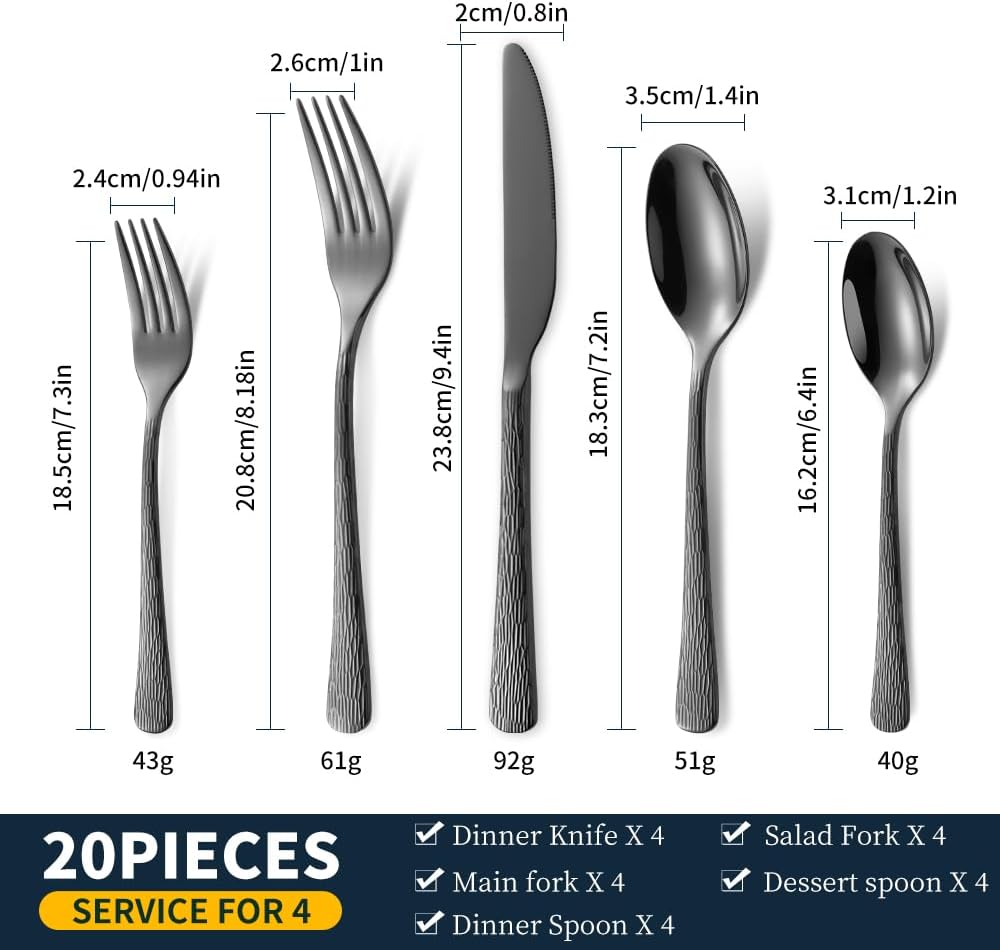Hammered Black Silverware Set, Flatware Set, 18/10 Stainless Steel Premium Cutlery with Unique Ripple Handles Tree Pattern Design Mirror Polished - Dishwasher Safe (20-Piece)