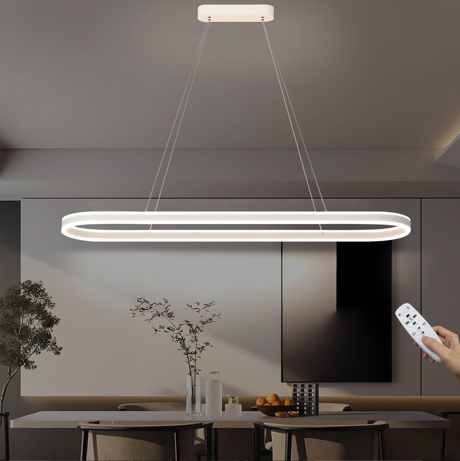 100cm Dimbare LED Hanglamp Moderne Eettafel Hanglamp 88W Ovale Kroonluchter met Afstandsbediening in Hoogte Verstelbare Hanglamp voor kantoor eetkamer studie woonkamer keuken licht (Wit