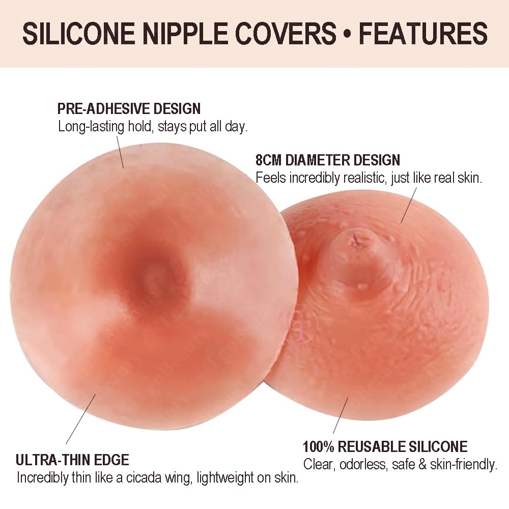 1 Paio di capezzoli Adesivi realistici riutilizzabili in Silicone, Diametro 8 cm, con Cuscinetti Adesivi applicabili alle Protesi mammarie