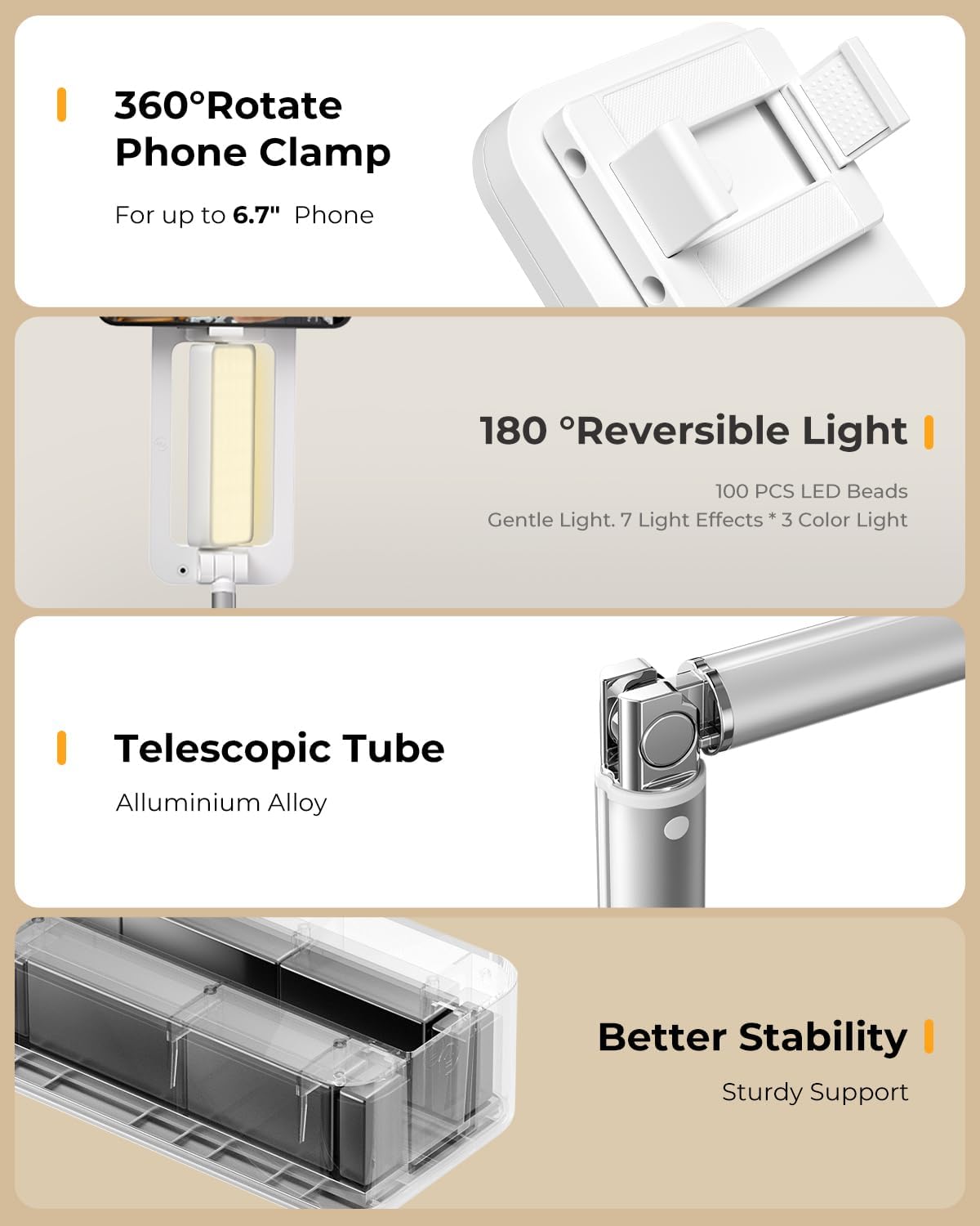 Phone Stand for Recording, Overhead Phone Mount with Light, Selfie Stand,Portable,Extendable,360° Rotate,Adjustable,Wireless Remote,Rechargeable, for 3.5-6.9" Phones, Live Streaming, White