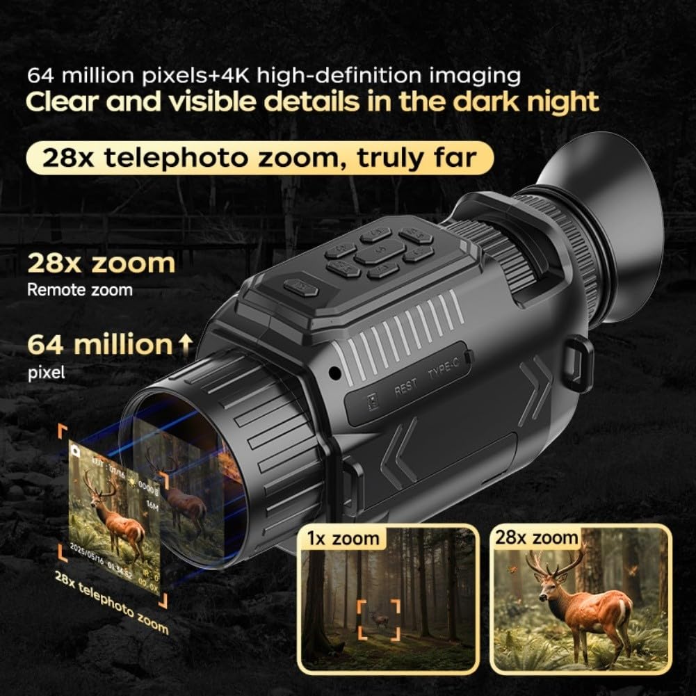 Monoculaire de vision nocturne avec vidéo 4K, zoom numérique 28x, batterie rechargeable USB C d'une durée de 8 heures pour l'extérieur et pour les activités nocturnes (D)