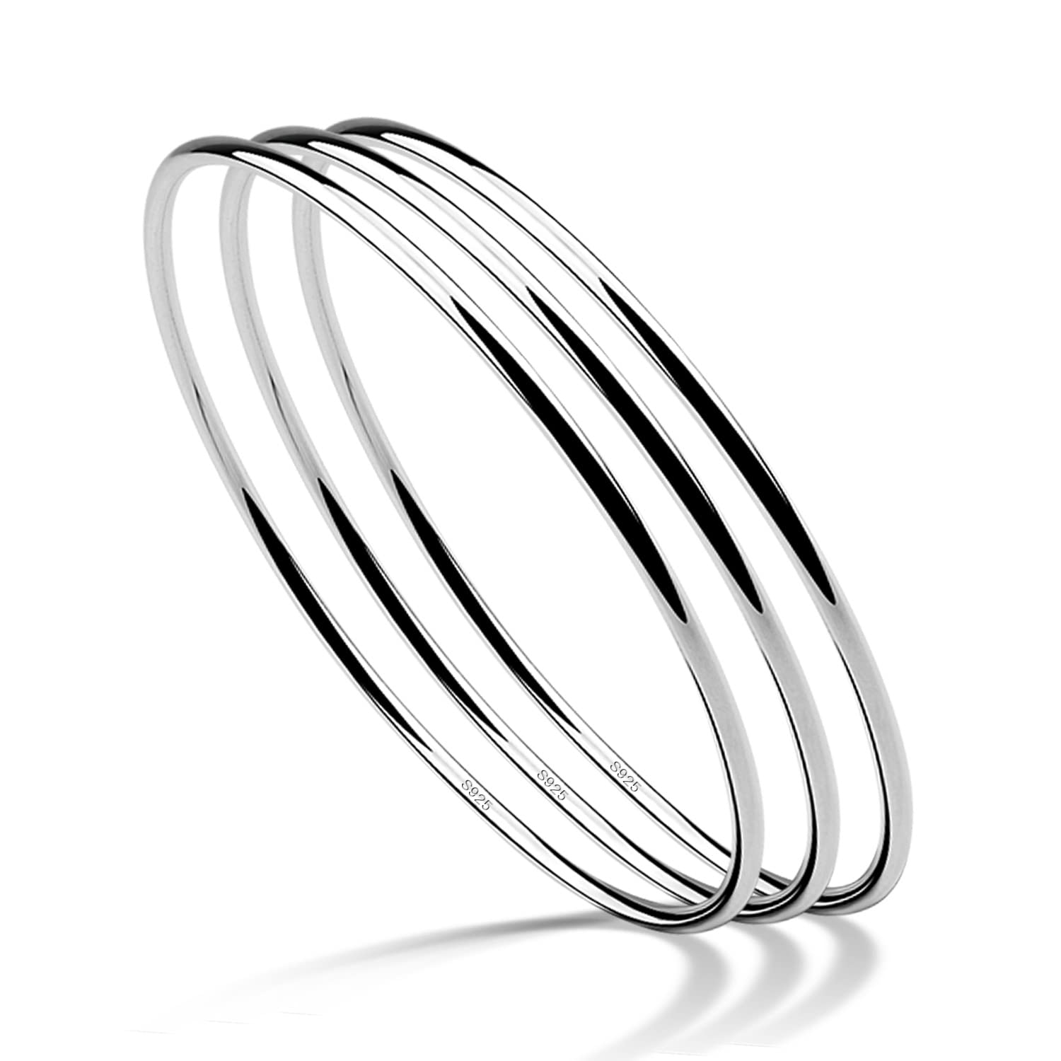 Dankadi Bracciale lucido fine in 925 argento 2 mm largo, set 1/2/3 impilabile 60 65 68 mm, diametro cerchio rotondo liscio pieno, semplice classico, fai da te