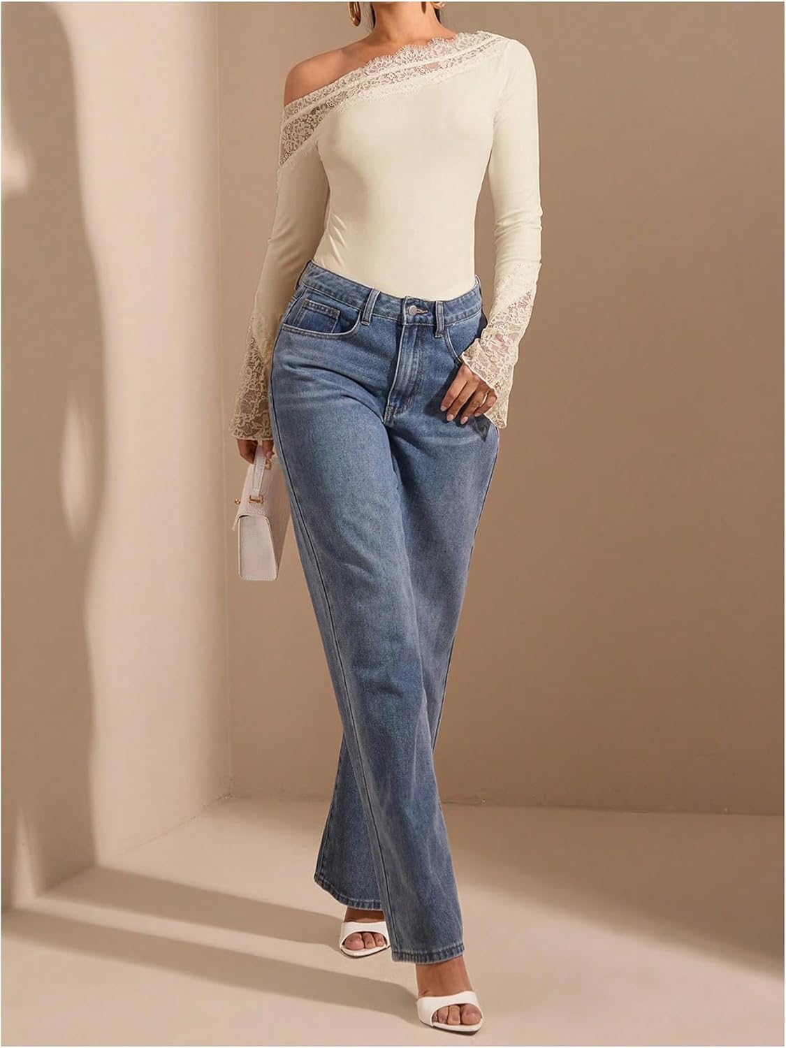 WDIRARA Women's Lace One Shoulder Long Sleeve Bodysuit Dressy Off The Shoulder Leotard Tops - Image 5