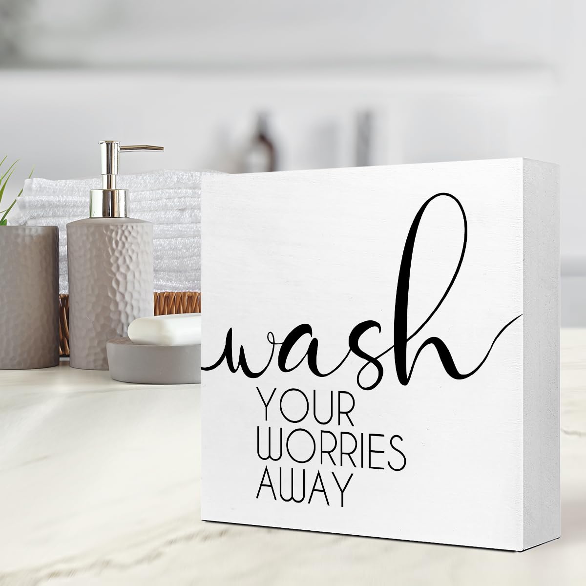 Lustige Badezimmer-Holzblock-Schilder, Wash Your Worries Away, Holzkistenschild für Badezimmer, Regal, WC, Toilette, Zuhause, Tischdekoration, rustikales Badezimmerschild, Dekor V562