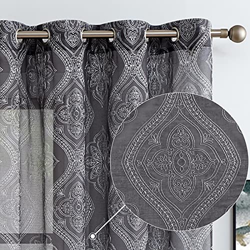 jinchan Boho Linen Curtains for Living Room Embroidered Design Window Curtains Light Filtering Flax Linen Blend Window Treatments Set for Bedroom Grommet Top 2 Panels 84 Inch Length Beige on