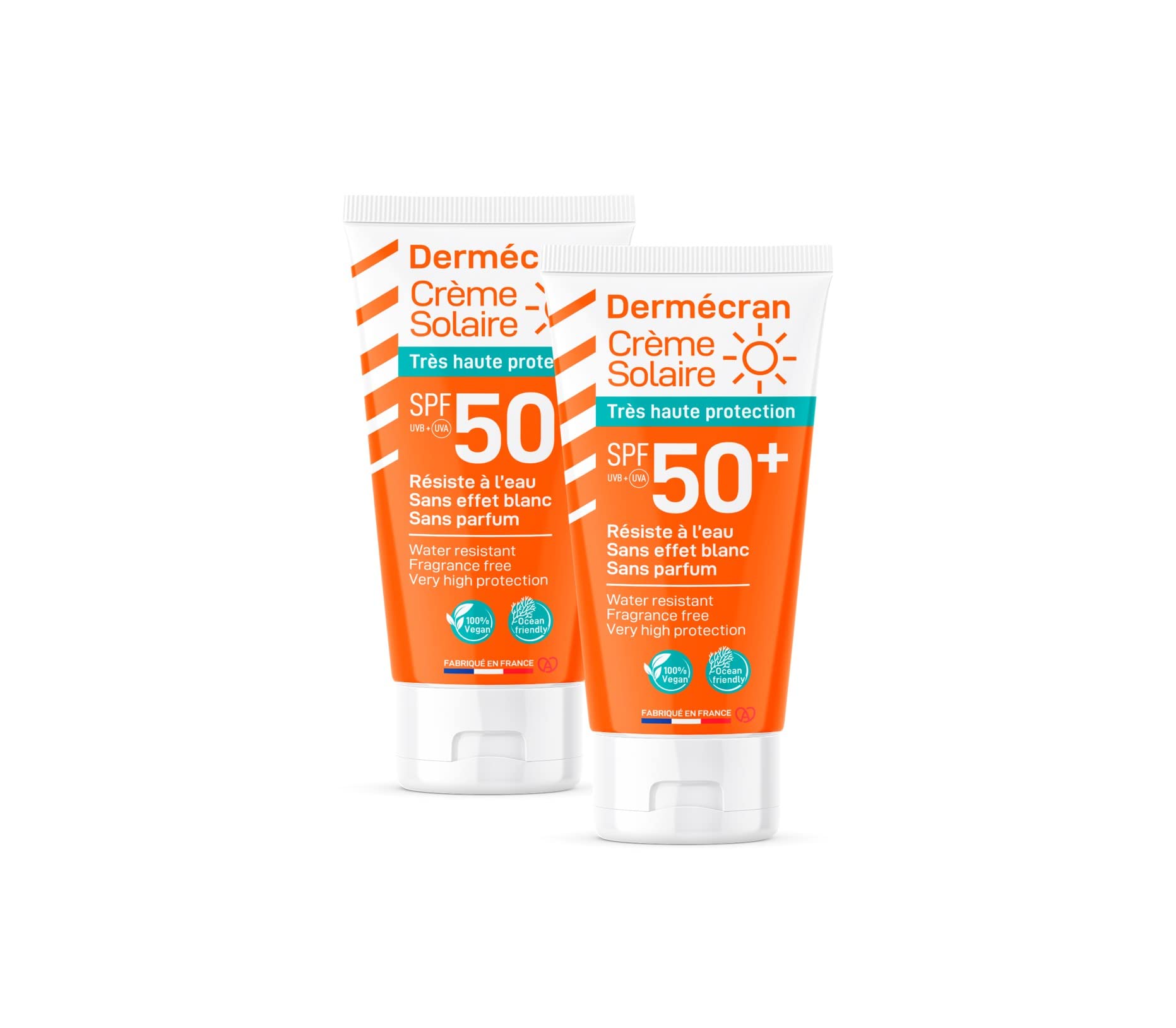 2 Stück – Dermscreen – Sonnencreme SPF50+ – Gesicht und Körper – Formel Vegan & Ocean Friendly – wasserfest – für die ganze Familie ab 3 Jahren – Tube 50 ml
