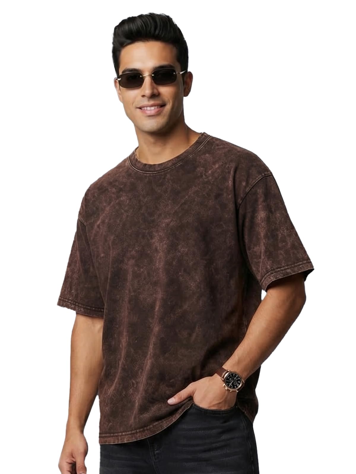 veirdo Heavy GSM Pure Cotton Acid Wash Print Round Neck Half Sleeve Oversized Fit Drop Shoulder T-Shirt for Men (Colors: Black, Navy, Green & Brown)-picture-19