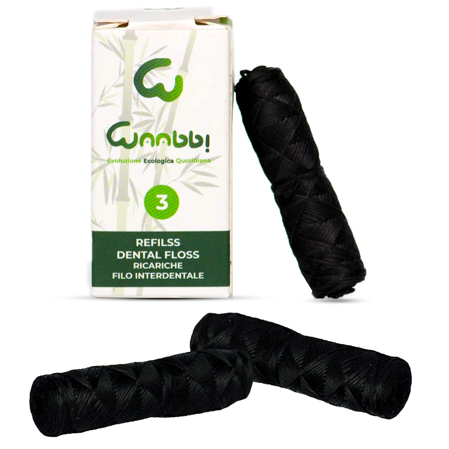 Ricariche per Filo Interdentale Carbone Attivo Bambù Biodegradabili 3X35M Pulizia Dentale Vegano Zero Sprechi Plastic Free Igiene Naturale Vegana