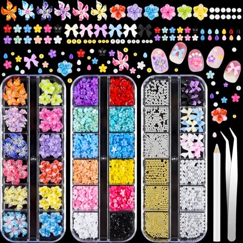 NEBURORA 3D Flower Nail Charms Set Bow Caviar Beads Pearl for Nai...