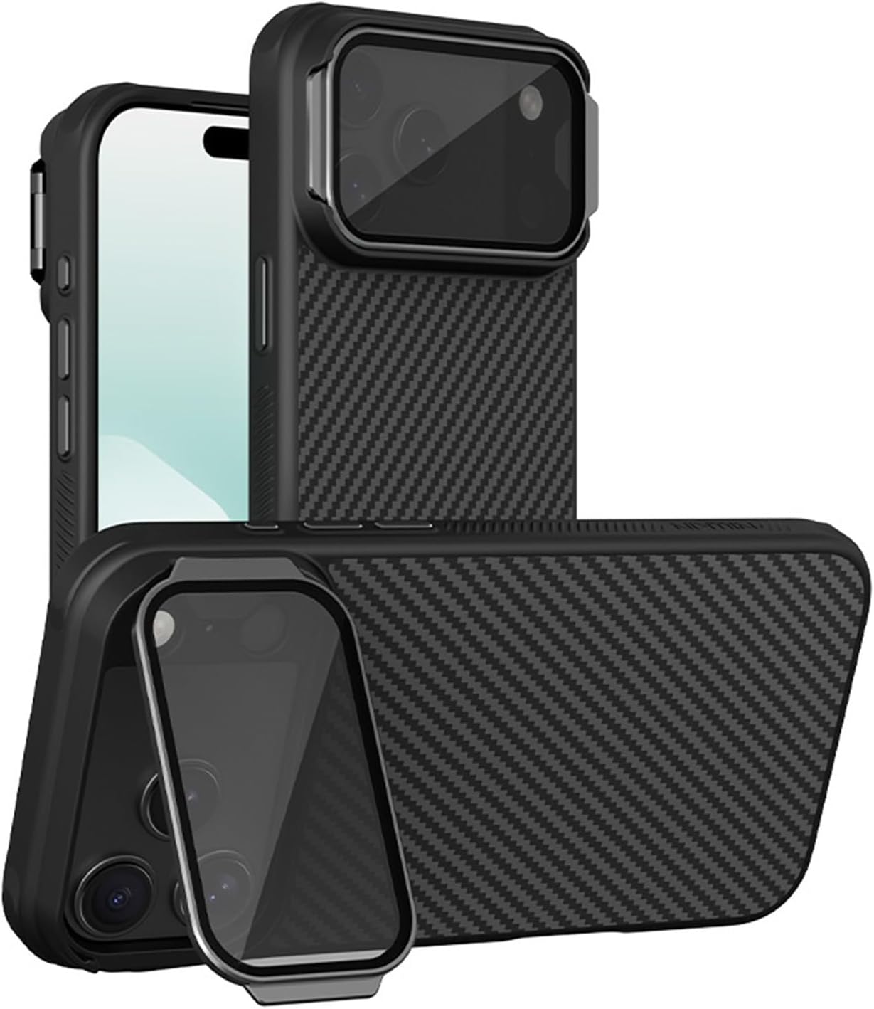 Magnetic Carbon Fiber Case for iPhone 17 Pro Max/17 Pro, Shockproof Slim Cover with Adjustable Stand, Full Camera Lens Protection, Anti-Fingerprint, 1500D(17 Pro Max) Black