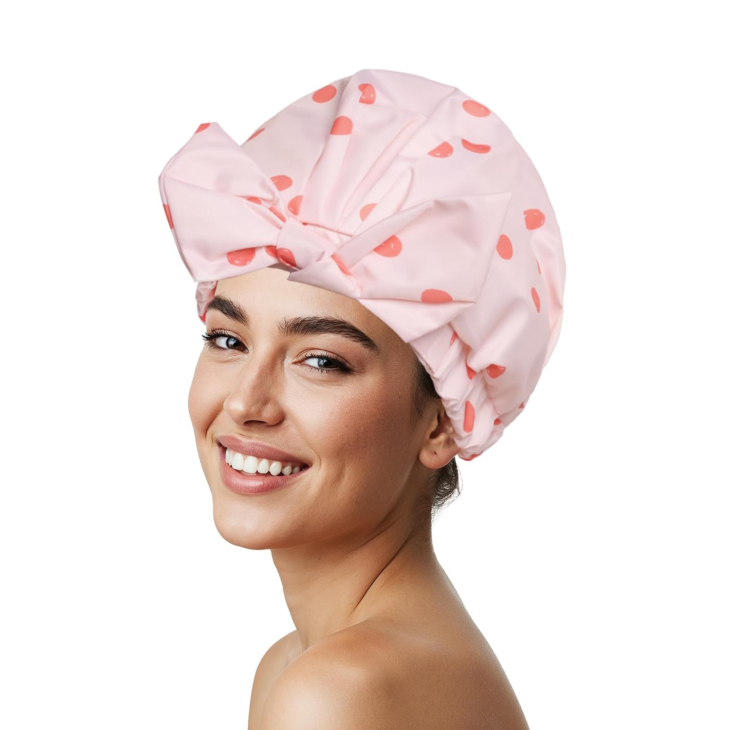 Shower Cap for Women Reusable Waterproof, Large Lightweight Hair Cap for Long Hair, Comfortable Wide Elastic Bath Cap with Bow, Stylish Shower Hat for Thick Hair