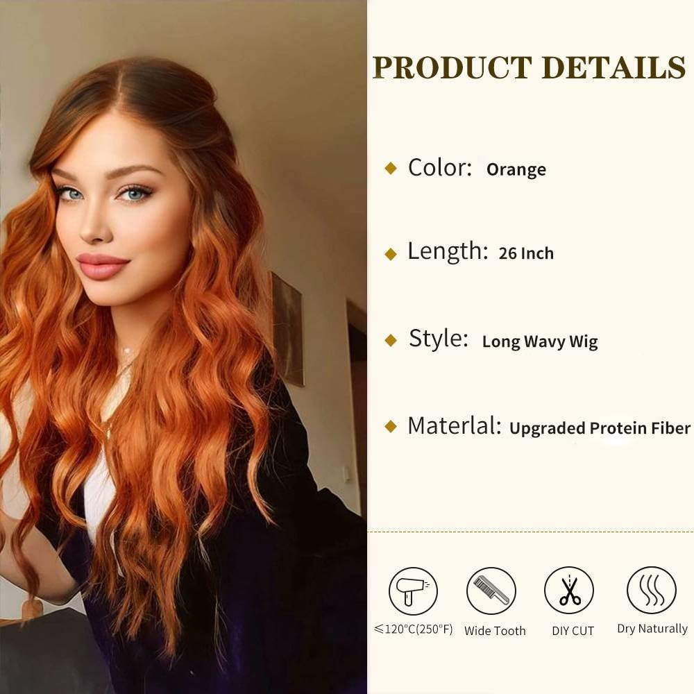 Mabufun Wigs for Women Middle Part Curly Synthetic Hair Natural Looking Heat Resistant Fiber for Daily Party Use (Ombre Orange) - Image 2