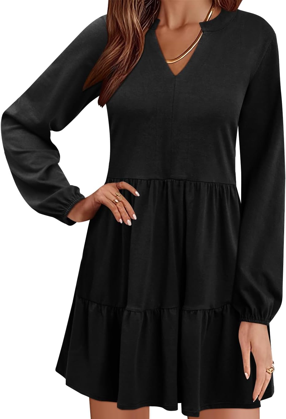QACOHU Women Spring Tunic Dress 2026 V Neck Casual Tiered Long Sleeve with Pockets A-Line Swing Mini Babydoll Dress
