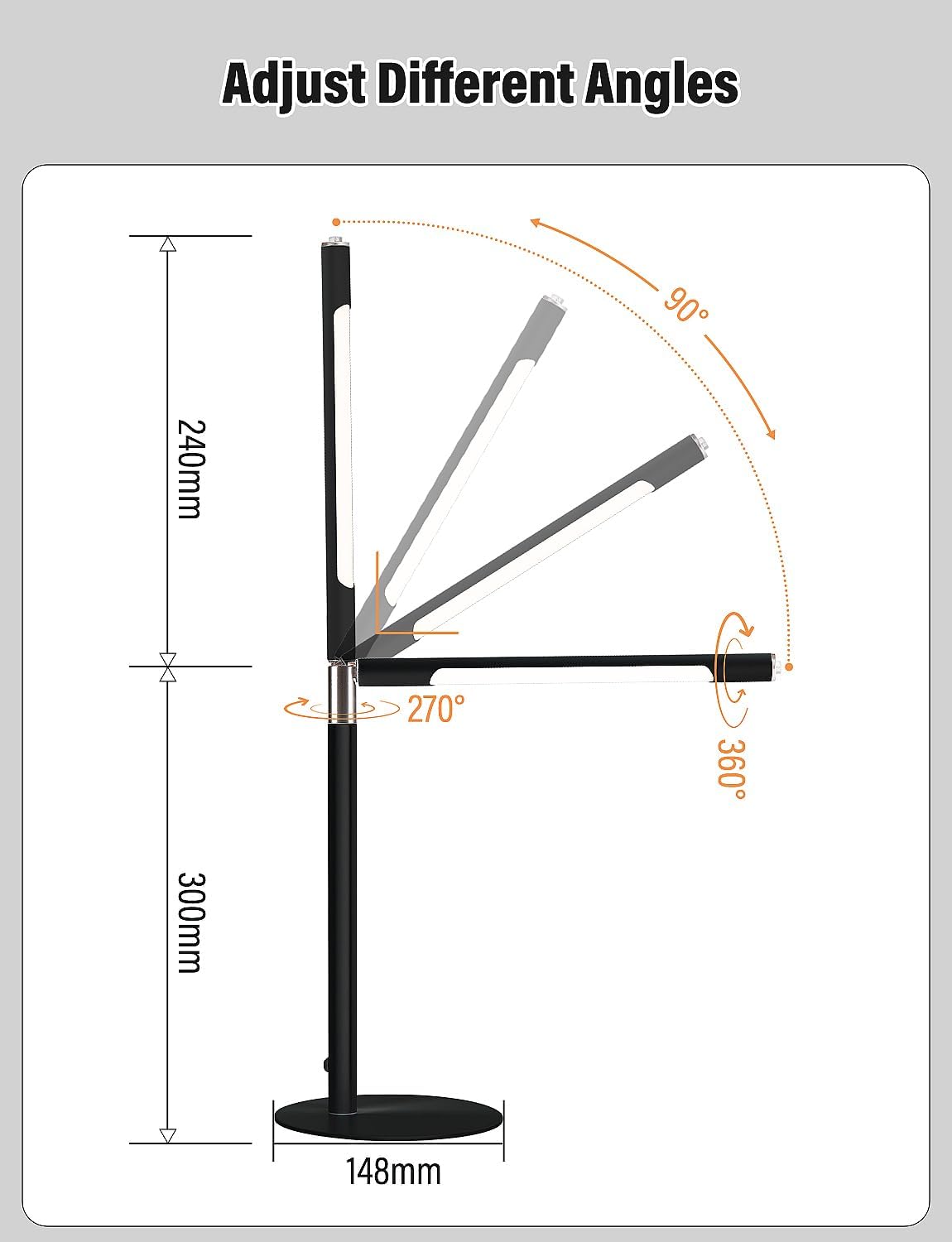 LED Desk Lamp, Home Office Eye Lamp, 3 Modes, Infinitely Adjustable Brightness, Metal, Multi-Angle Adjustment, Detachable Desk Lamp with USB (Black)