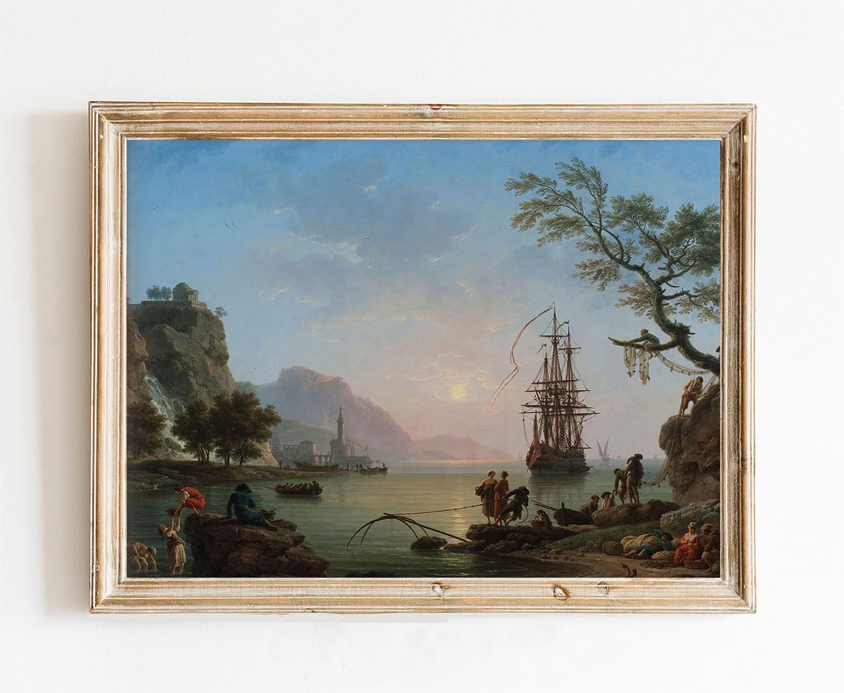 Oil Painting Vintage Poster of Landscape A Gorgeous Sunrise Over Busy Port | 11x17 12x18 16x24 24x36 Antique Print | Unframed Wall Art | Old Style Gift | Rustic Home Office Decor