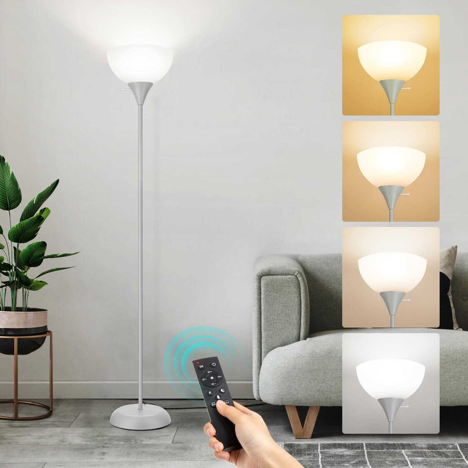OUTON Dimmable Upligther Floor Lamp with Remote Control, 3000K-6000K Adjustable Color Temperatures, Bulb Included, 1H Timer, LED Bright Tall Torchiere Standing Lamp for Living Room, Bedroom, Office