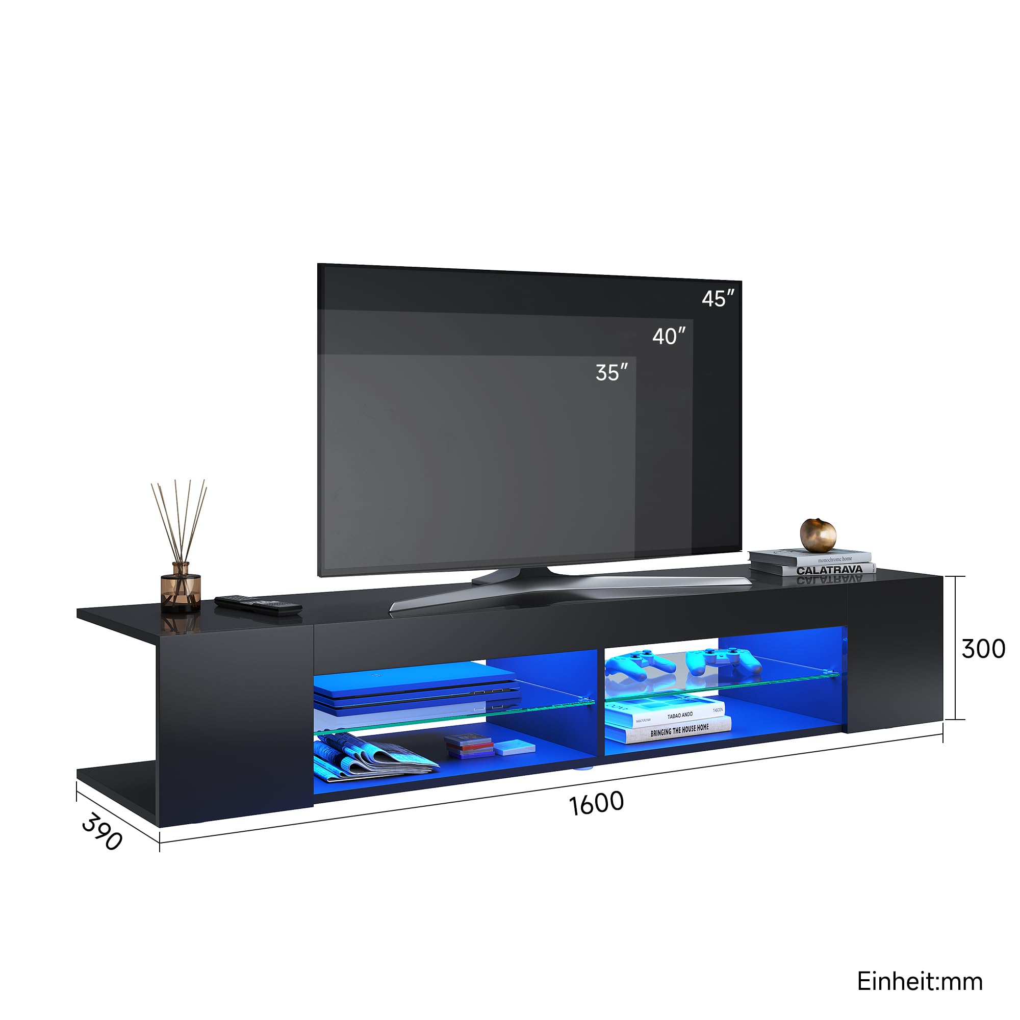 SONNI Mobile Porta TV Soggiorno 160x39x30cm, Mobiletto TV Nero, Mobile Sotto TV con illuminazione LED