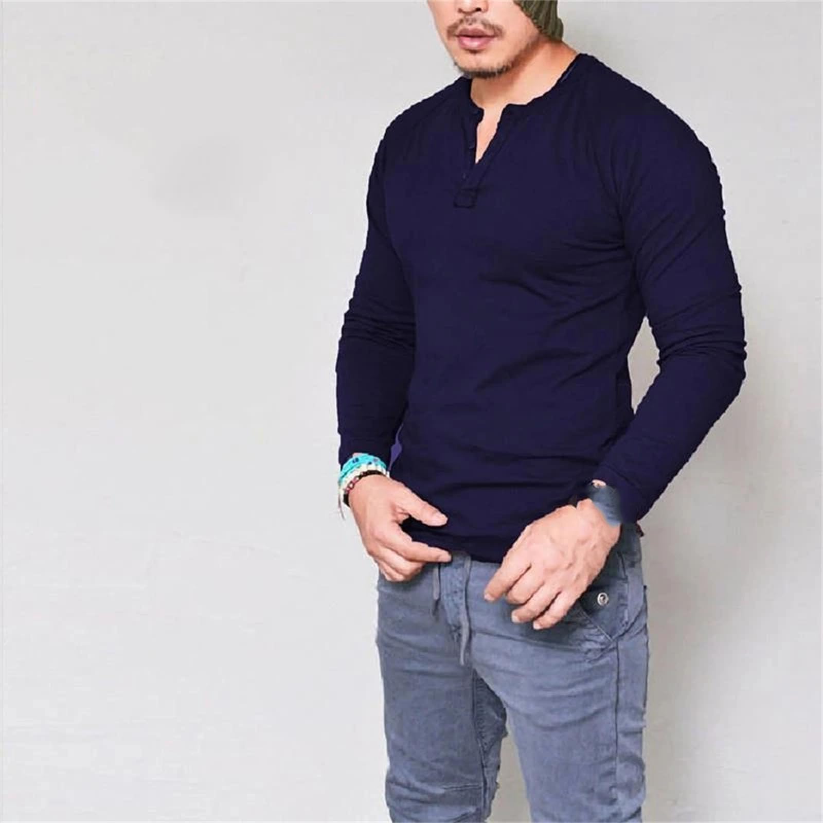 T-shirt da uomo girocollo in cotone tinta unita con bottoni a maniche lunghe traspirante casual base top