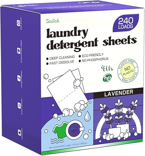 Soulink Hojas de detergente para ropa sucia con aroma a lavanda, 240 cargas, hojas de detergente ecológicas para viajes y hogar, sin jarra de