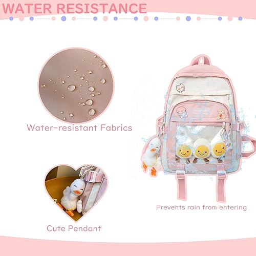 Vista 5 de Mochila Kawaii para niñas con alfileres y accesorios, linda mochila estética para niños, bolsas para libros para adolescentes
