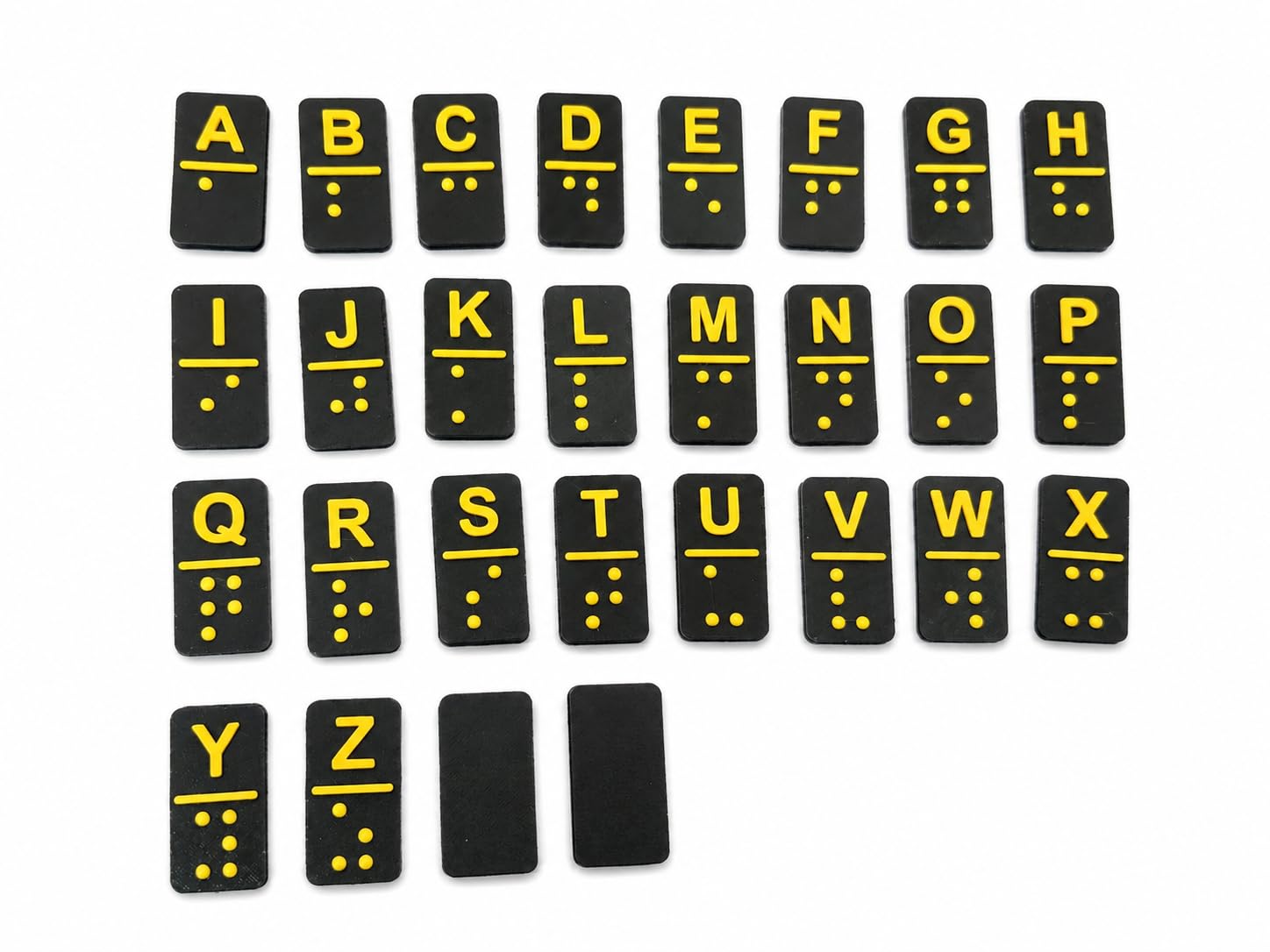 Tactile Alphabet Tiles with Raised Letters and Braille Dots A-Z With Frame & Vowels (Black And Yellow, Full Alphabet Only)