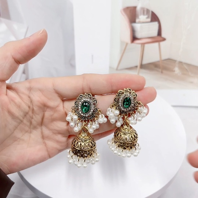 Boucles D'oreilles Indiennes Jhumka - Style Bollywood, Or, Pierres Polki, Pour Mariage, Neuves Avec étiquettes