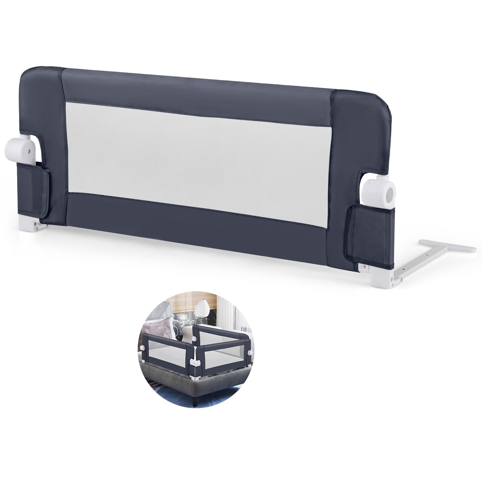FANTASK Portable Bed Rail, 105x42cm, Bettgitter klappbar mit Verstellbarer Gurte, Bettschutzgitter aus Oxfordstoff, 180° faltbar, für Elternbetten, Kinderbetten, Grau, Dunkelgrau