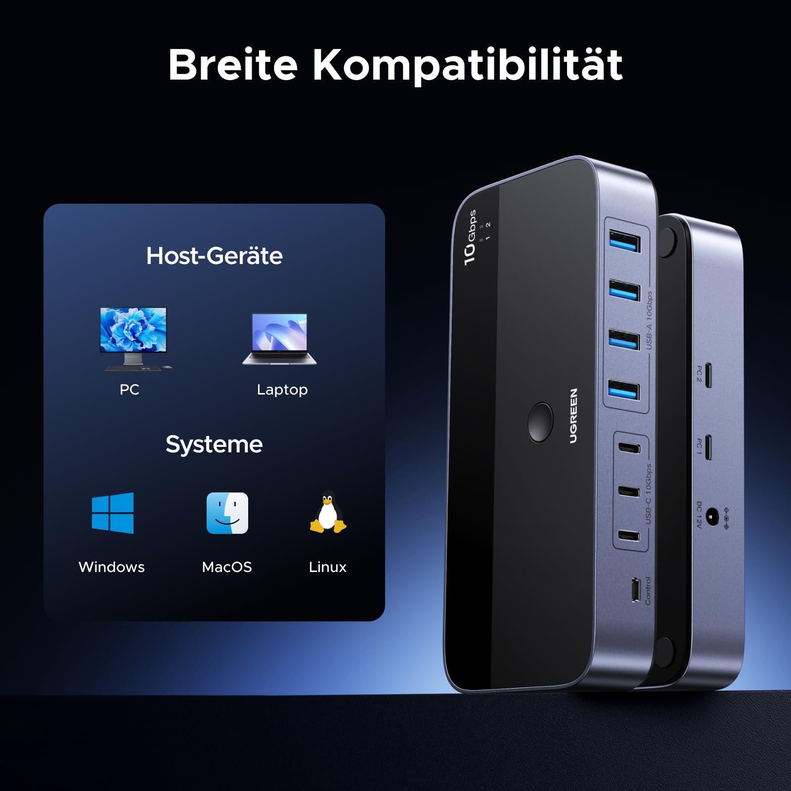 UGREEN 2 In 7 Out 10Gbps USB Switch 2 PC USB Umschalter mit 3C4A Ports, Netzteil, Fernbedienung und 2xC auf A/C Kabeln, KVM Switch kompatibel mit Mac mini M4/M4 Pro, MacBook Air M4, Windows usw.