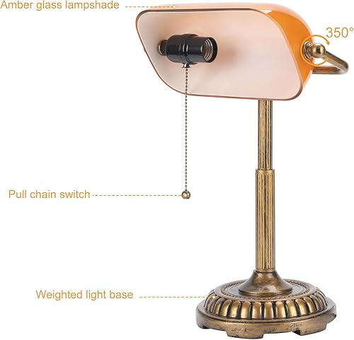 Miniatura 4 de NISSAFORS Bankers Lamp, Amber Desk Lamp with Pull Switch, Vintage Table Lamps for Home Office, Library, Piano (Amber) (USADO)