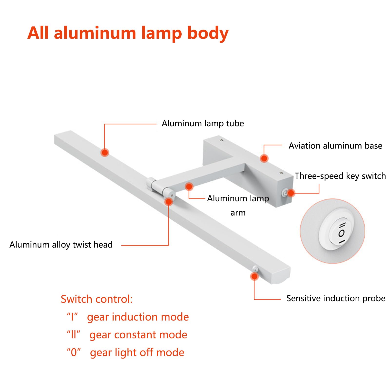 Lampa ścienna LED do wnętrz z czujnikiem ruchu i przełącznikami, obracana o 180°, nowoczesna, długa listwa aluminiowa, do łazienki lub umywalki
