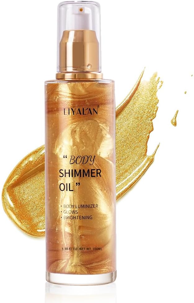 Shimmer Body Oil 5 Color Gold 3.38 Fl Oz Face Glow Pearl Highlighter Illuminator Body Makeup Shine Glitter Gold Liquid Taning