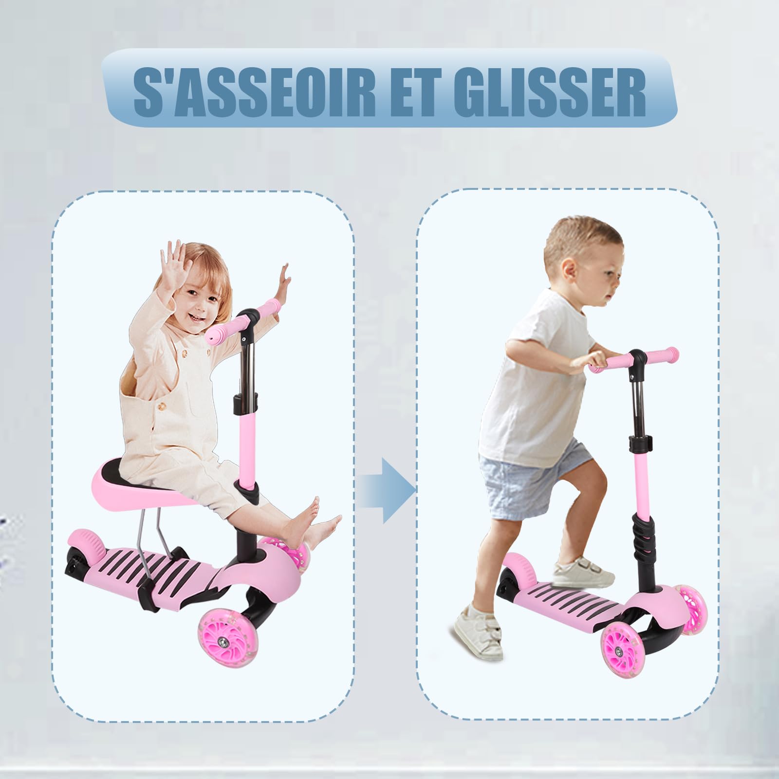 OHMG Patinete para niños, ruedas LED, scooter para niños de 3 ruedas, manillar de altura ajustable,Patinete plegable para niños de tres ruedas (Bleu