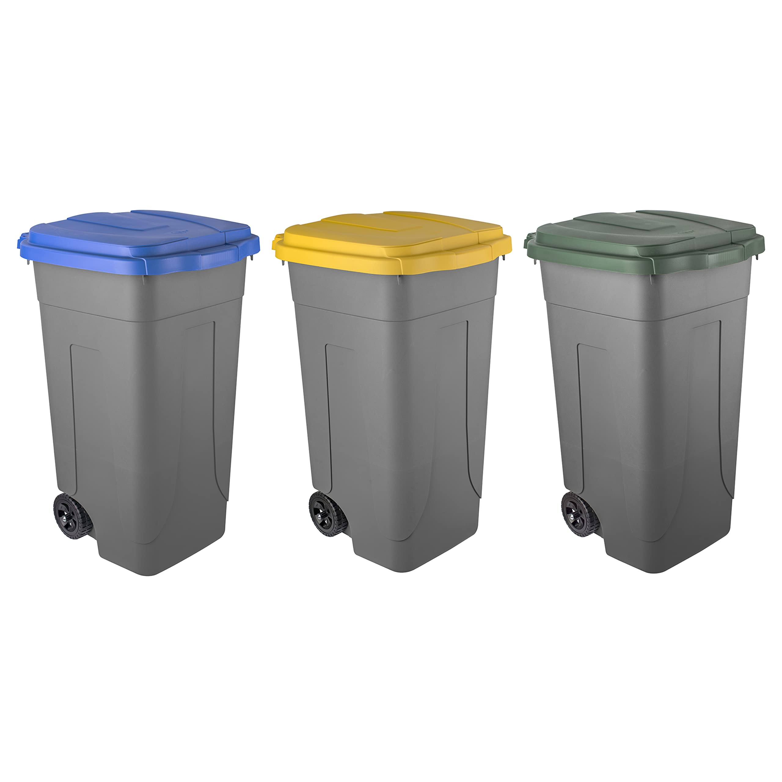 Eplastic - Set 3 Bidoni Raccolta Differenziata 80L | Contenitori Rifiuti con Coperchi Colorati (Verde, Blu, Giallo) | Pattumiere Ecologiche per Casa e Ufficio - Corpo Grigio Resistente