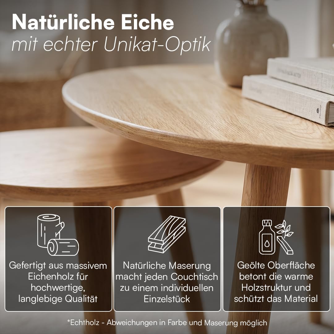 skølm Lodur Couchtisch oval 2er-Set, Eichenholz, Natur geölt, 3 Tischbeine