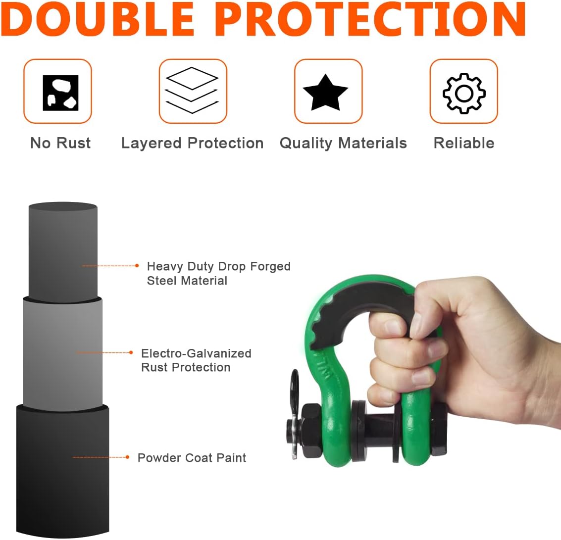 AMBULL Shackles 3/4 Inch D Ring Shackle (2 Pack) 45,000lb Break Strength with 7/8 Inch Pin, Isolator and Washer Kits for Use with Tow Strap, Winch, Off-Road Jeep Truck Vehicle Recovery, DarkGreen