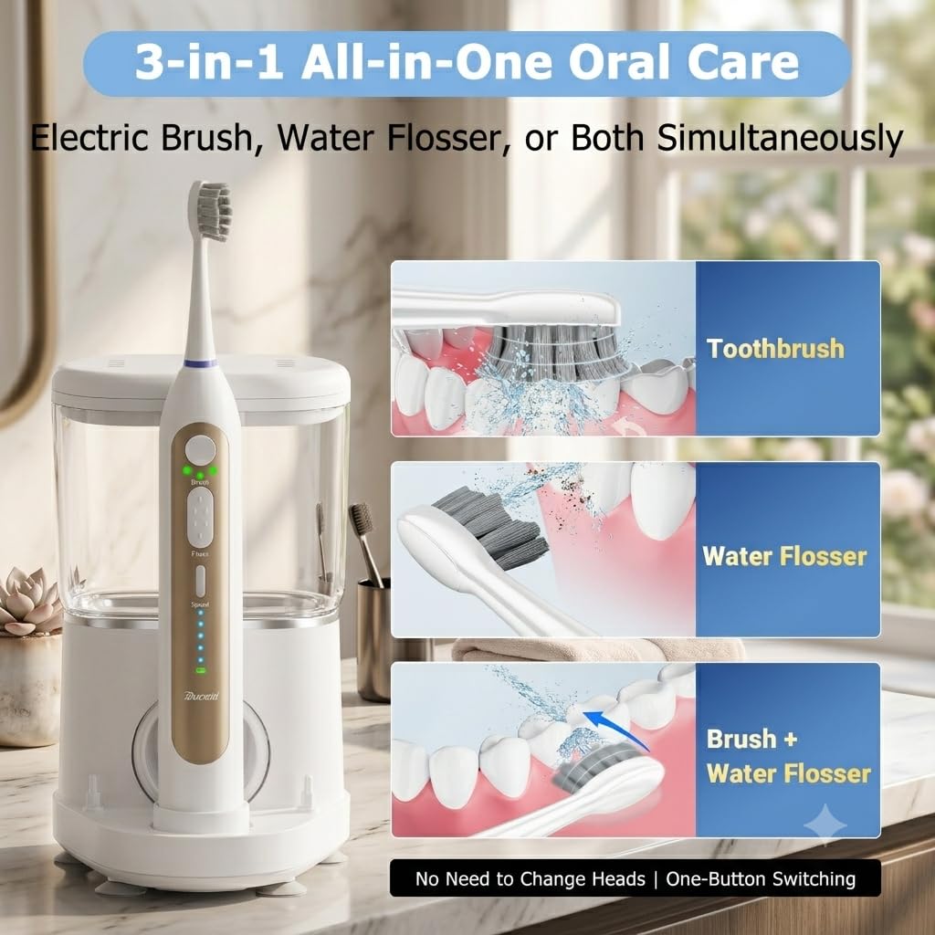 Spazzolino elettrico 3 in 1 con idropulsore, spazzolino da denti con filo interdentale aggiornato con 5 velocità e 3 modalità, 30 giorni/carica per la pulizia dei denti e la rimozione della