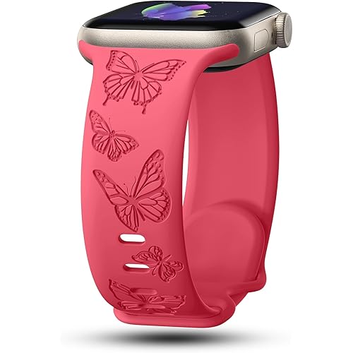 Butterfly Engraved Bands Compatible with Apple Watch Band 41mm 40mm 38mm 49mm 46mm 49mm 46mm 45mm 44mm 42mm Women, Silicone Sport Strap for iWatch Series SE 10 9 8 7 6 5 4 3 2 1 SE Ultra