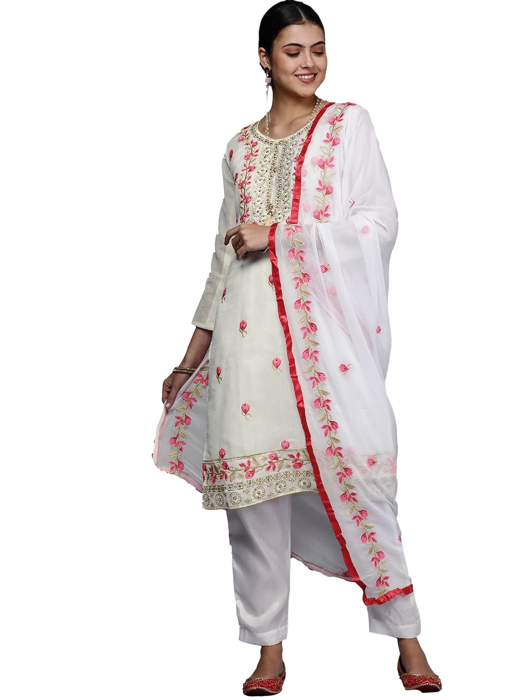 Pandadi Chanderi Embroidered Unstitched Dress Material With Embroidered Dupatta Women