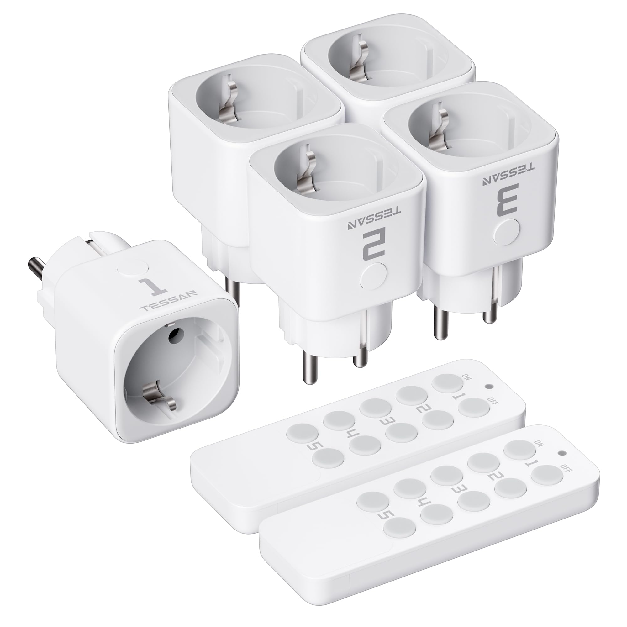 TESSAN Funksteckdosen Set, 5 Steckdosen mit 2 Handsender | Reichweite 30,5M Betriebsbereich für Weihnachtsdekoration, Haushaltsgeräte und Lampen, 2300 W, Weiß