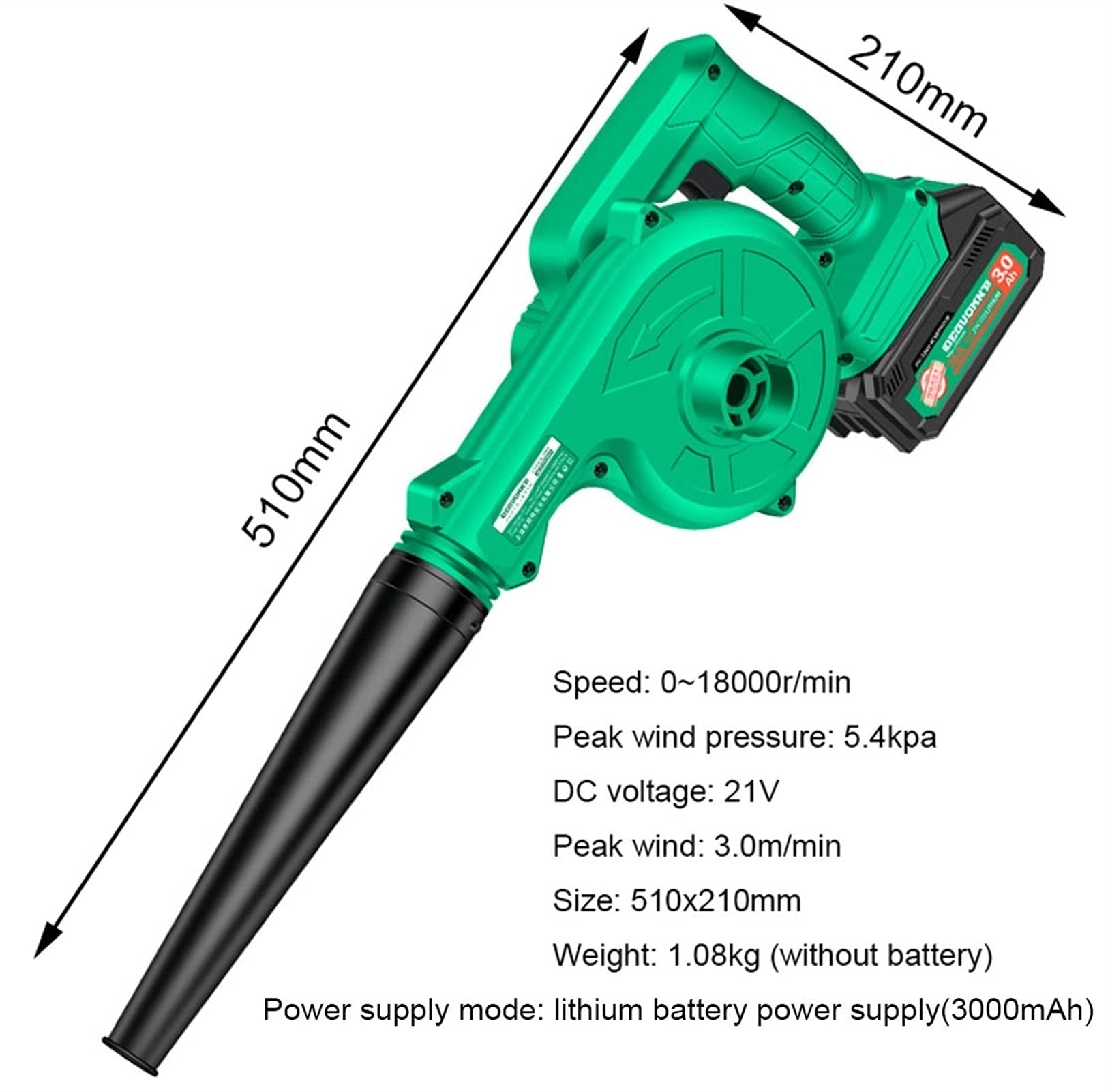 Soffiatore/Aspiratore a Batteria, Soffiatore di Foglie Senza Fili, Batteria agli Ioni di Litio da 21 V (velocità a Vuoto: 0-18.000 Giri/min, Volume d'Aria 2,8 m³, 1.08kg, 51x21cm)