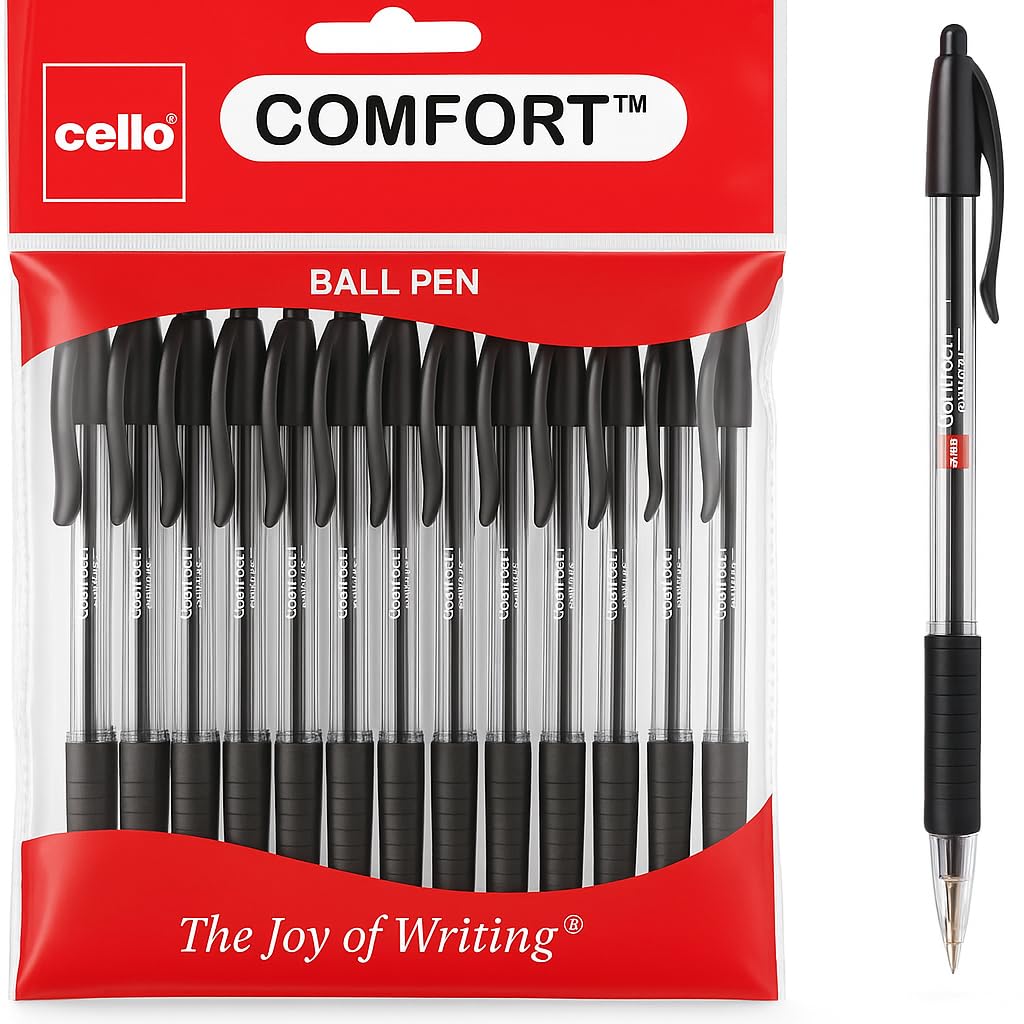 Cello Comfort Ballpoint Pens - Premium Retractable Biro Pens with Ergonomic Grip, Medium Point 1.0mm, Black Ink, Pack of 12 - Ideal for Office, School & Home Writing