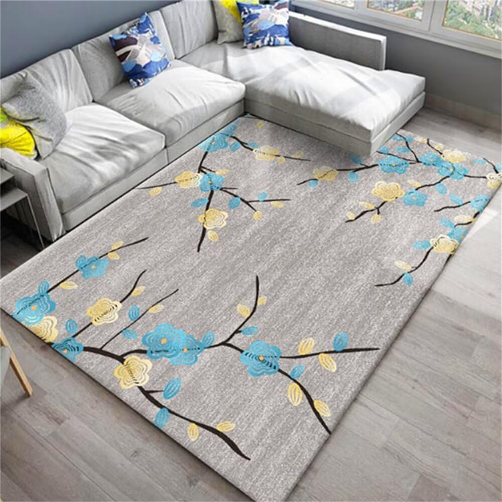 Tapis chambre enfant antiderapant fini les glissades tapis de salon fleurs gris-vert 120x160